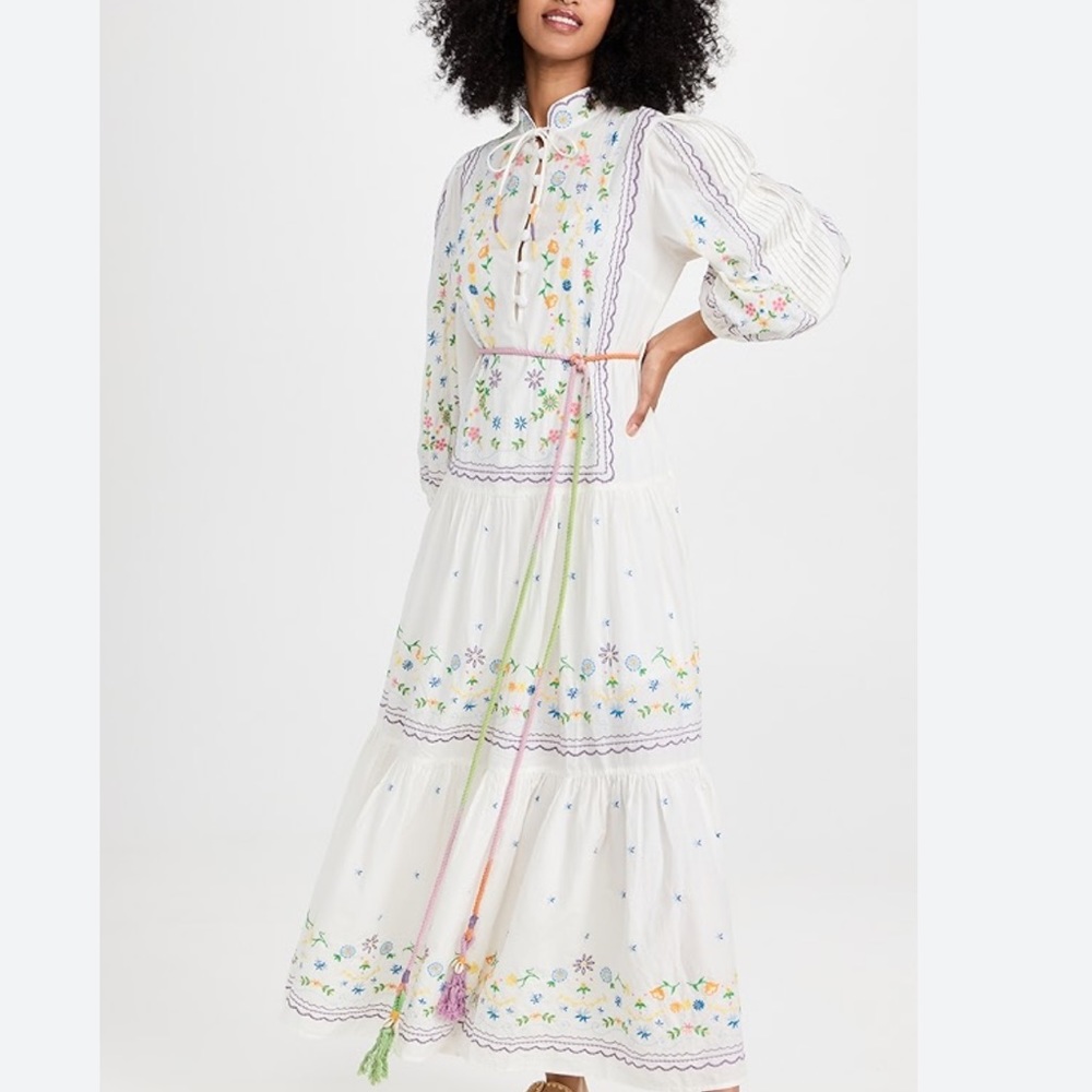 Alemais Juniper embroidered colorful maxi tie waist dress, size 12